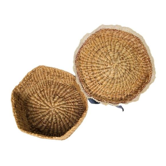 Vtg handmade Shell covered beach Wicker Woven Lace trim Stash Box Basket 6" - Picture 5 of 9